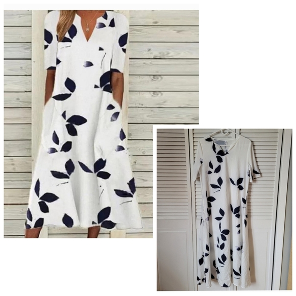 Dresses & Skirts - Elegant White and Blue Leaf Print Maxi Dress